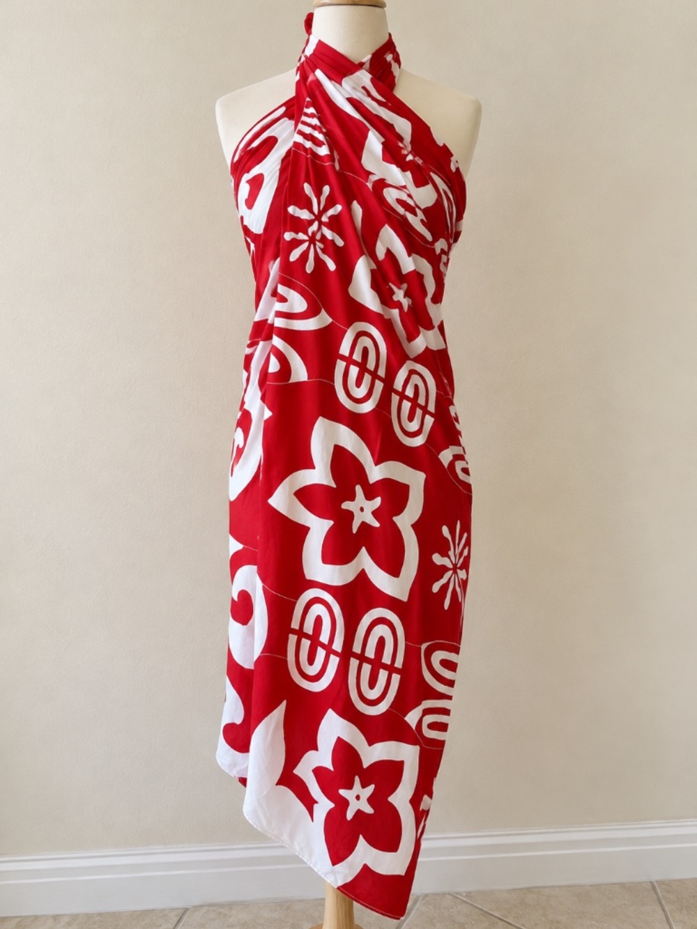 Lauhala Hawaiian Pareo Sarong Red White Rayon Beach Cover Up 70" x 45" OS